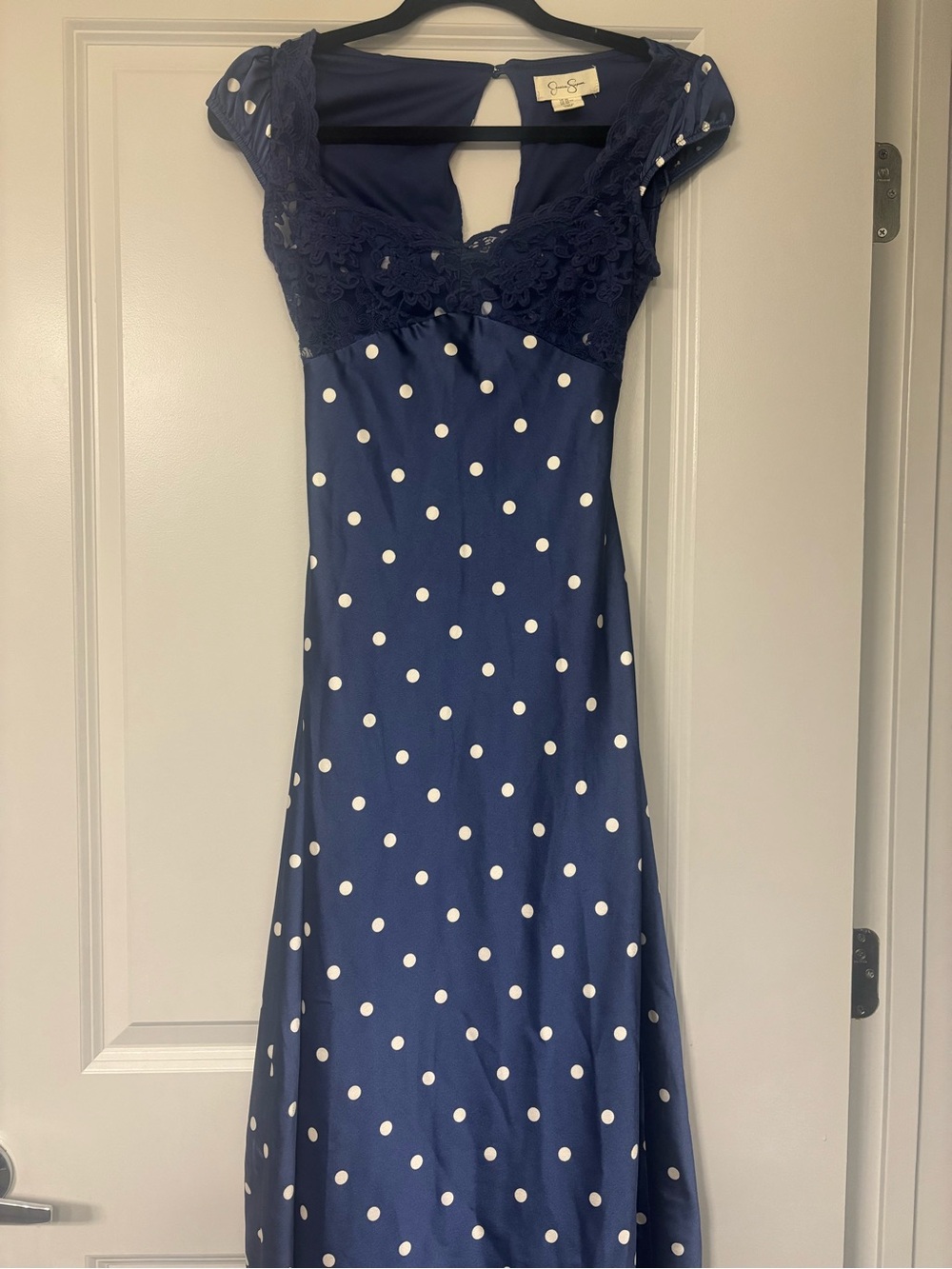 Jessica Simpson Navy Polka Dot Lace-Detail Cap Sleeve Dress